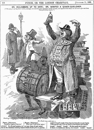 A quack doctor selling his remedies on the streets of London - despite objections. Wood engraving by E.L. Sambourne, 1893.