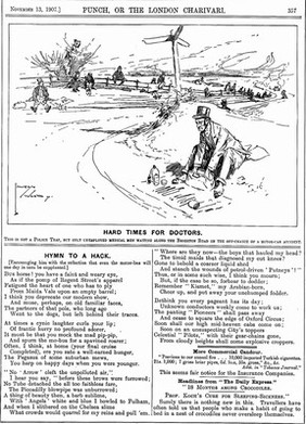 Many unemployed doctors sitting by the roadside waiting for a possible road accident and some work. Wood engraving by L. Wood, 1907.