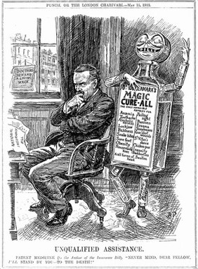 A figure comprised of medicine bottles and tablets, representing the patent medicine business, dances behind a pensive Lloyd George; representing attitudes to the introduction of the National Insurance Act of 1911. Wood engraving by B. Partridge, 1912.