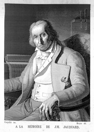 Joseph-Marie Jacquard, seated in an armchair. Weaving by Carquillat after Bruyas, ca. 1810.
