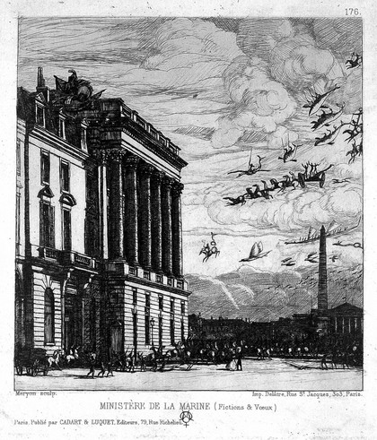 Place de la Concorde, Paris, with the Admiralty building being attacked by flying dragons, fish and horses. Etching by C. Meryon, 1866.