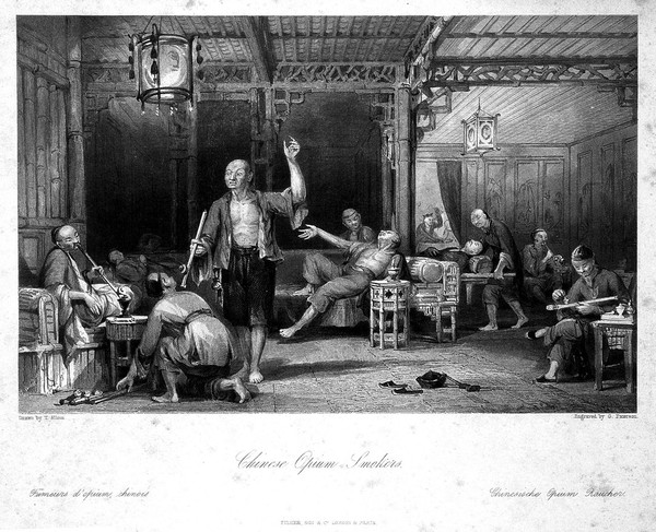 Chinese opium smokers in a saloon experiencing various effects of the drug. Engraving by G. Paterson, 1843, after T. Allom.