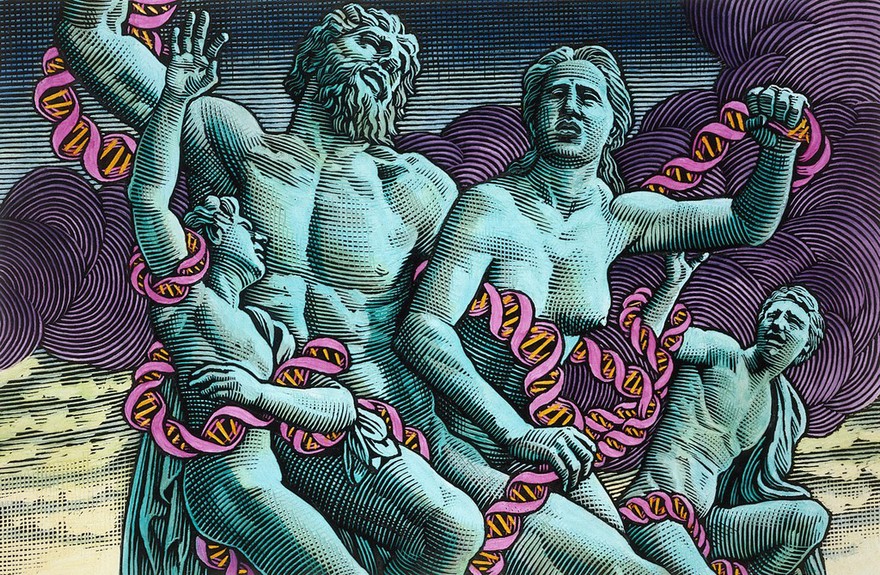 The family of Laocoön entwined in coils of DNA. Scraperboard drawing by Bill Sanderson, 1990.