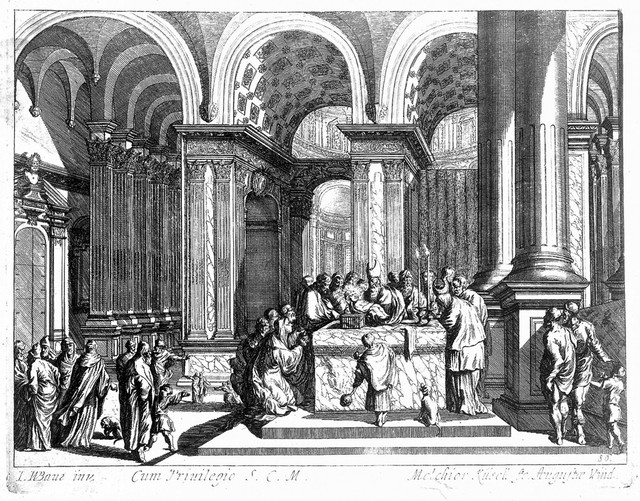 The high priest of the Temple inspects the circumcised Christ child, whose head is glowing. Etching by M. Küssell after J.W. Baur.