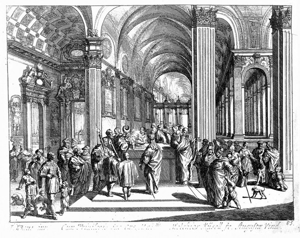 The high priest of the Temple inspects the circumcised Christ child, whose head is glowing. Etching by M. Küssell after J.W. Baur.