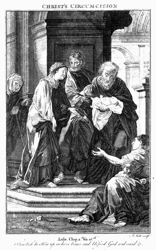Simeon takes the infant Christ in his arms. Etching by A. Smith.