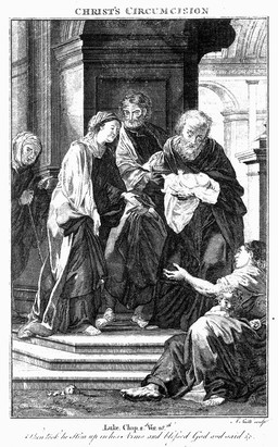 Simeon takes the infant Christ in his arms. Etching by A. Smith.