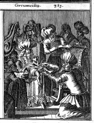 Three scenes: a woman undergoing a trial for adultery, a Jewish burial and circumcision ceremony. Etching after a woodcut, 1682.