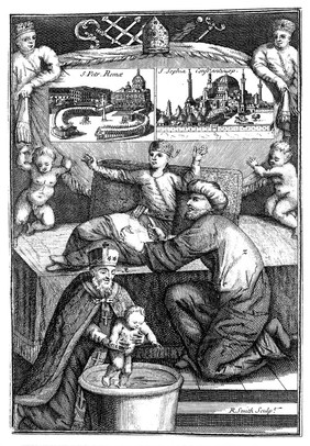 The western and eastern churches represented by St. Peter's in Rome and S. Sophia in Istanbul (Constantinople); Jewish circumcision and the baptism of a baby by a bishop . Engraving by R. Smith.