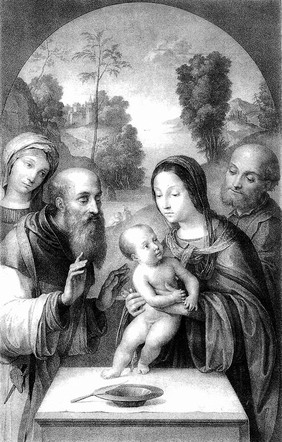 Joseph and Mary hold the Christ child before his circumcision. Lithograph by Pablo Guglielmi after L. Costa.