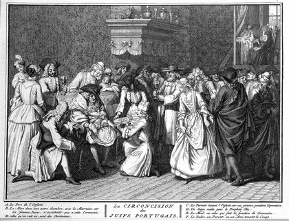 A Portugese Jewish circumcision ceremony. Engraving, 1741, after B. Picart, 1722.