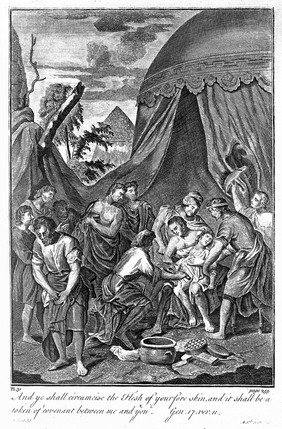 Abraham and the men of his house circumcising themselves. Engraving by M. van der Gucht after G. Hoet.