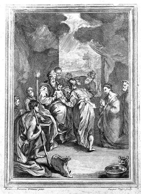 Christ being circumcised in the temple. Engraving by G. Massi after F. Barocci.