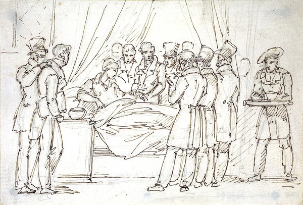 Paris: a medical professor taking the pulse of a sick man in a hospital bed while medical students watch and take notes. Drawing by J.H. Marlet, ca. 1810.