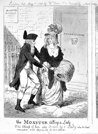 Left, a woman is attacked by Renwick Williams with a knife; right, a man is making "copper bottoms" for women to prevent them from being injured in an attack. Coloured etching.