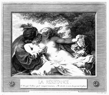 Two old men attempt to force their attentions on a young woman. Engraving by B.A. Nicollet after J.B. Deshaÿes.