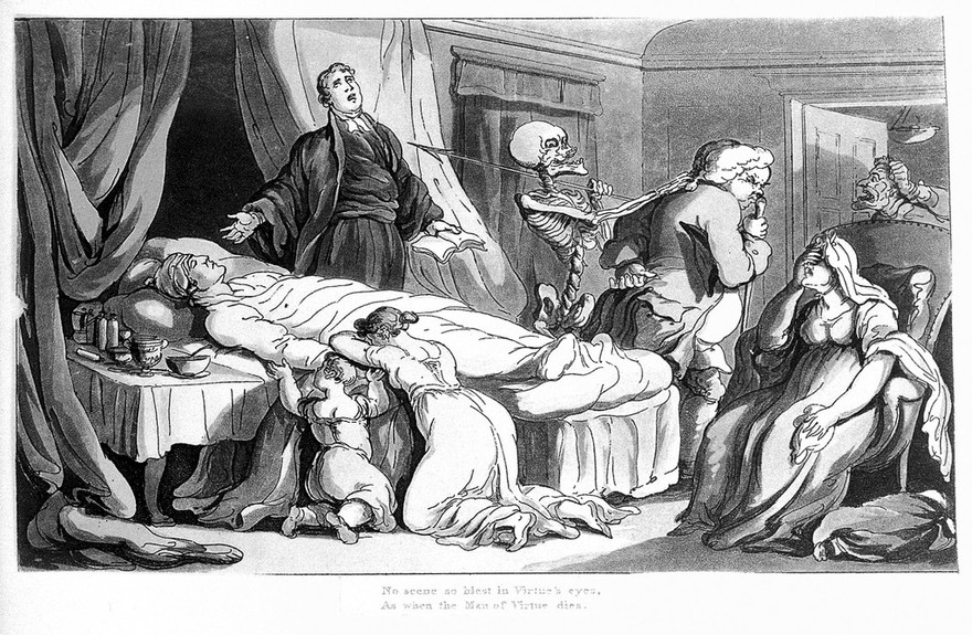 Death's triumph over a much loved family man; illustrated by a skeletal death figure pulling the hair of the retreating doctor. Coloured aquatint after T. Rowlandson, 1814, after himself.