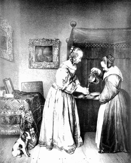 A young woman washing her hands in water poured from a jug by a maid; behind are a bed and a table. Lithograph by F. Hanfstaengl after G. Ter Borch (Terborch).