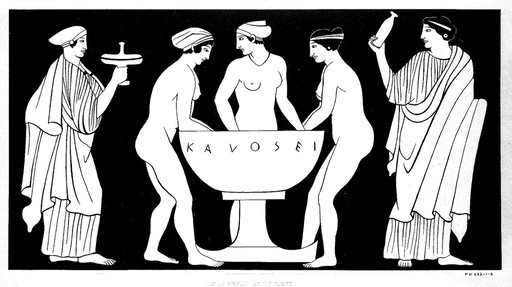 Three women at a wash-basin, on either side stand attendants. Gouache painting.