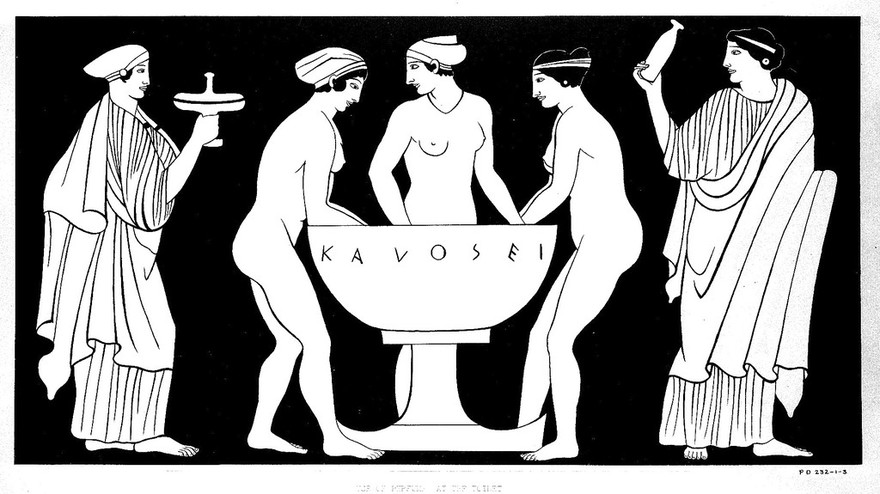 Three women at a wash-basin, on either side stand attendants. Gouache painting by S.W. Kelly, 1937.