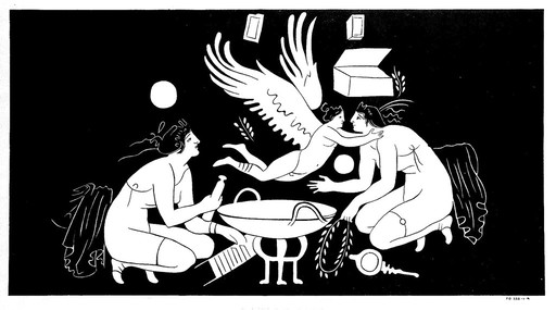 Two women crouching over a wash-basin; a winged human hovers above. Gouache painting.