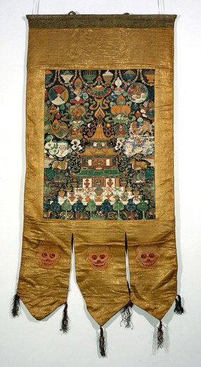 Attributes of Kubera in a "rgyan tshogs" banner. Distemper painting by a Tibetan painter.