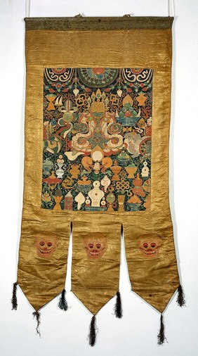 Attributes of Ma-cig dpal-gyi Lha-mo in a "rgyan tshogs" banner. Distemper painting by a Tibetan painter.