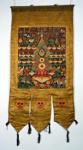 Attributes of rDo-rje 'Jigs-byed (Sanskrit Vajrabhairava, 'the fear-inspiring one') in a "rgyan tshogs" banner. Distemper painting by a Tibetan painter.