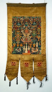 Attributes of rDo-rje Kon-btsun De-mo in a "rgyan tshogs" banner. Distemper painting by a Tibetan painter.