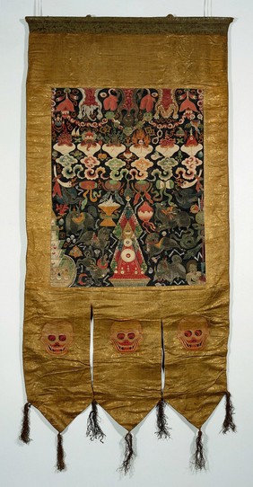 Attributes of the six-handed Mahākāla in a "rgyan tshogs" banner. Distemper painting by a Tibetan painter.