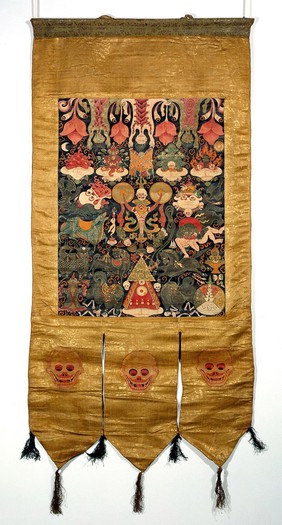 Attributes of Yama Dharmarāja (Yama Dam-can Chos-kyi rGyal-po) in a "rgyan tshogs" banner. Distemper painting by a Tibetan painter.