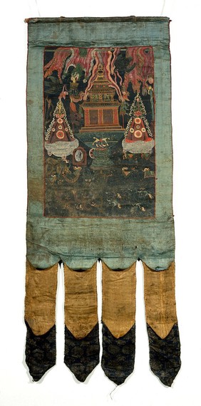 Attributes of Yama in a "rgyan tshogs" banner. Distemper painting by a Tibetan painter.