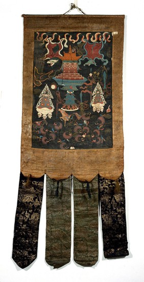 Attributes of the six-handed Mahākāla in a "rgyan tshogs" banner. Distemper painting by a Tibetan painter.