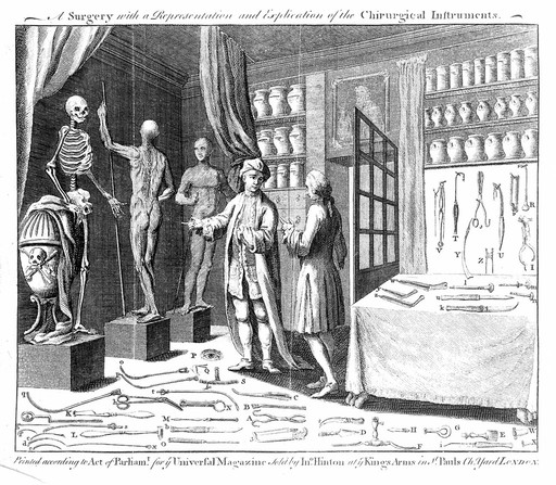 A surgery with chirurgical instruments, engraving, circa 1748