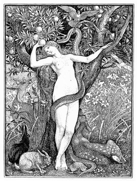 The serpent entwines itself around the body of Eve; it whispers in her ear, enticing her to eat the forbidden fruit. Photogravure by Lemercier and co. after Walter Crane, 1899.