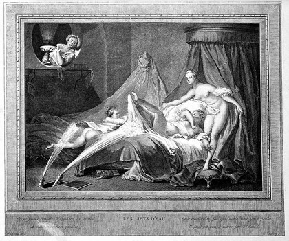 Jets of water spray naked young women on a bed; suggesting the connection between enemas and eroticism. Process print after an engraving by P.L. Auvray after J.H. Fragonard.