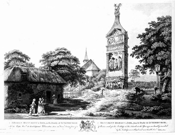 A Roman tomb at Igel, Luxemburg; people in the foreground, a church in the background. Engraving by E. Rooker after W. Pars, 1774.
