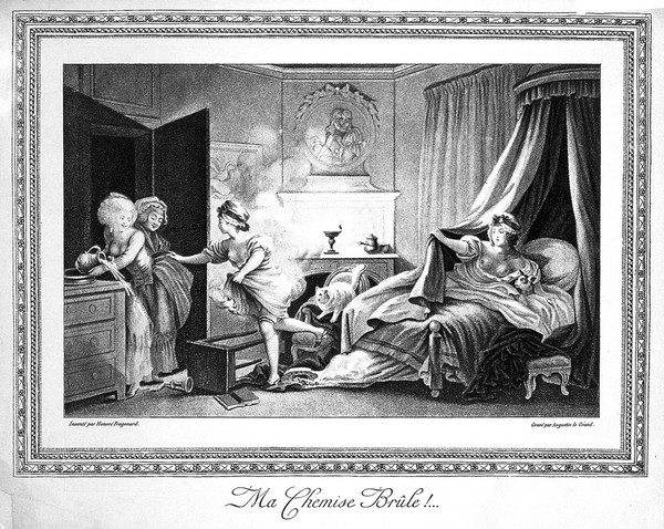 A woman's chemise catches fire. Coloured photomechanical reproduction after A. Legrand after J.H. Fragonard.