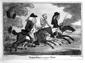 view Three figures on horseback, including Death. Coloured etching attributed to Charles Williams, 1806.