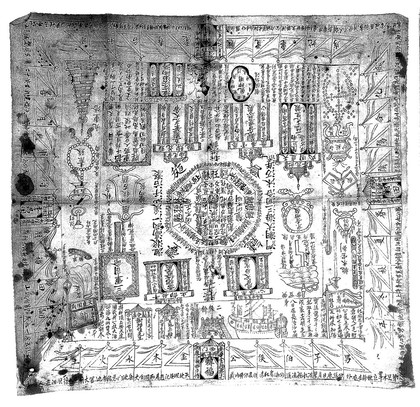 Chinese cloth with illustrations and inscriptions.