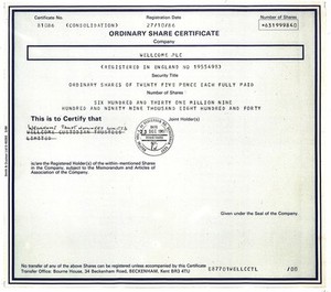 view Wellcome Plc: ordinary share certificate, 23/12/1987