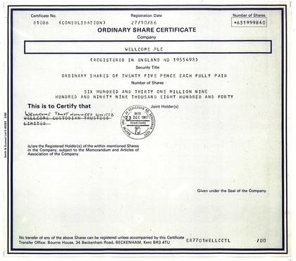 Wellcome Plc: ordinary share certificate, 23/12/1987