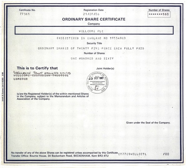 Wellcome Plc: ordinary share certificate, 23/12/1987
