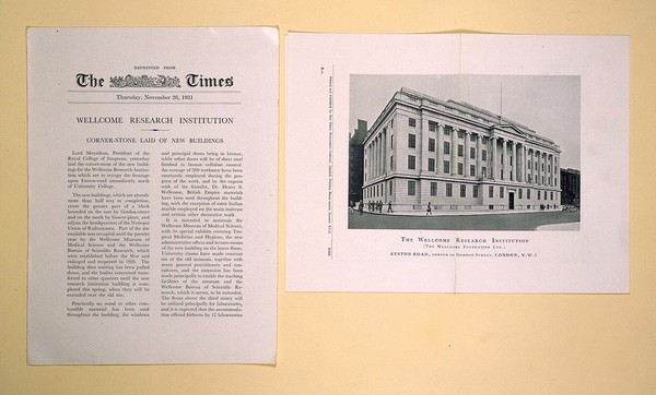 Press report on laying of corner stone, Wellcome Building
