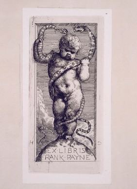 Bookplate: 'Ex libris Frank Payne', a child standing, encircled by two snakes.