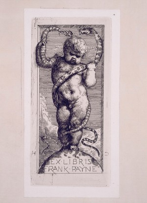 view Bookplate: 'Ex libris Frank Payne', a child standing, encircled by two snakes.