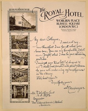 Letter to Mr. Peter Johnston-Saint from Max Neuburger, regarding his appointment in the Wellcome Research Library. Sent from the Royal Hotel, London, 29 August 1939.