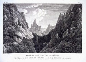 view Antioch, Turkey: remains of an ancient gate on a road leading through a mountain pass to Aleppo. Engraving by M. Picquenot after L.F. Cassas.