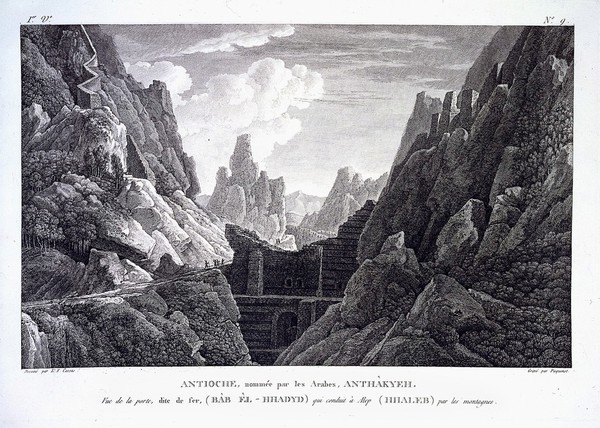 Antioch, Turkey: remains of an ancient gate on a road leading through a mountain pass to Aleppo. Engraving by M. Picquenot after L.F. Cassas.