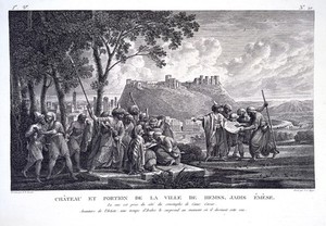 view Homs, Syria: the citadel and part of the old city, with the artist Louis-François Cassas surrounded by Syrians. Engraving by S.C. Miger after L.F. Cassas.